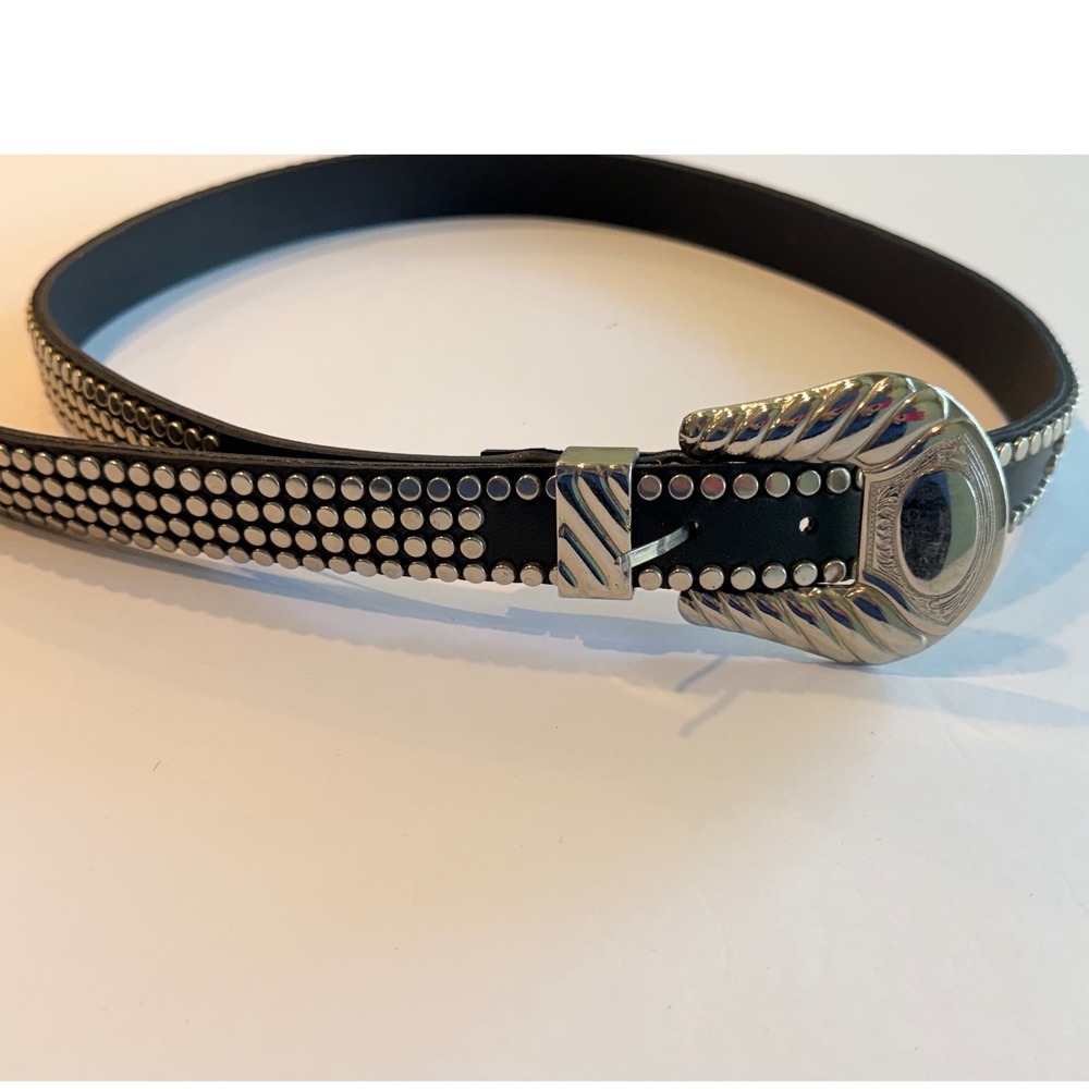 Donna Katz Womens Black Leather Triple‎ Studded Western Belt Silver Buckle L